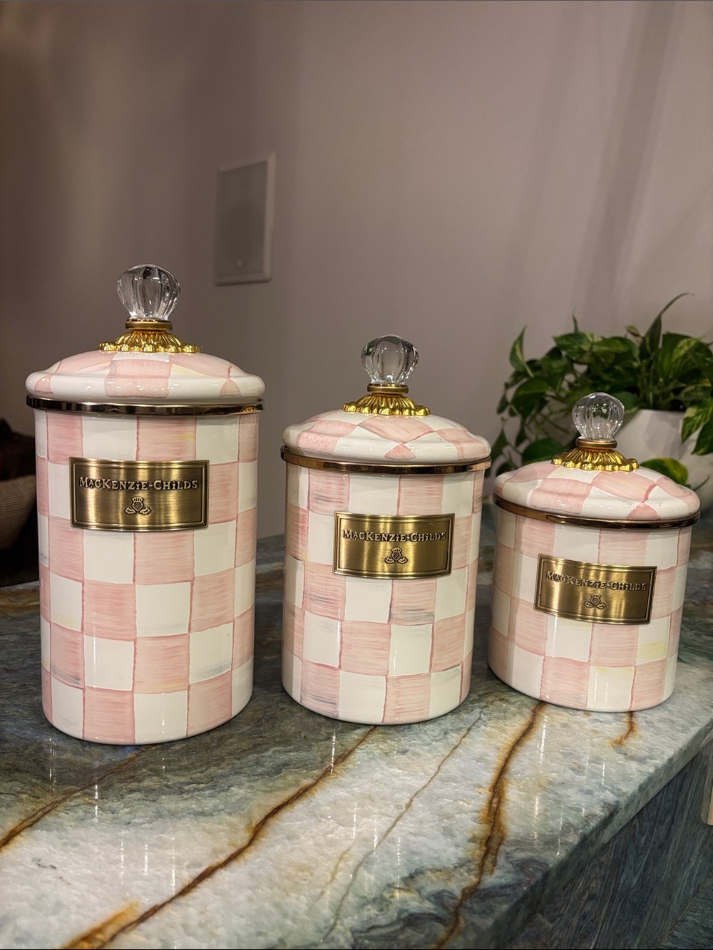 MacKenzie-Childs Pink and White Check Ceramic Canister Set - 3 Piece